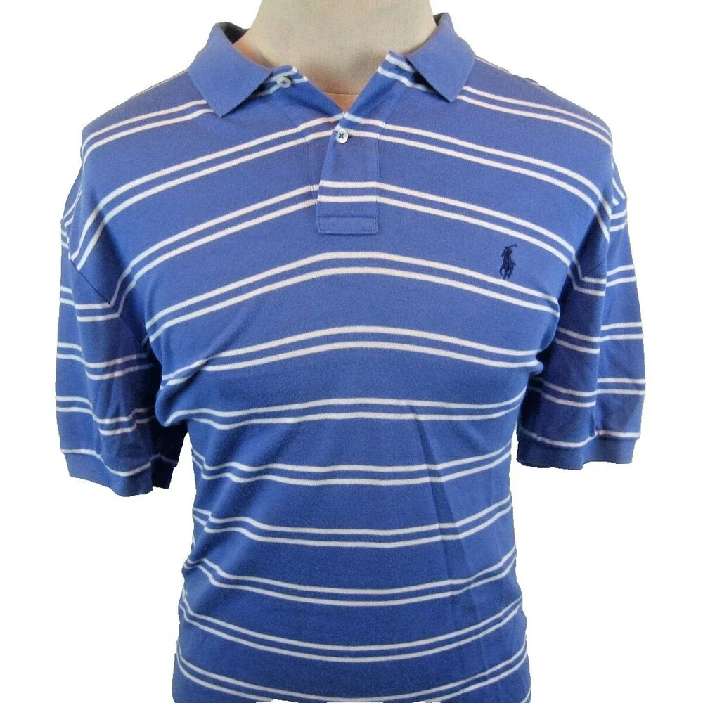 Mens Polo Ralph Lauren Blue Stripe SS Cotton Polo Golf Casual Shirt sz Lg